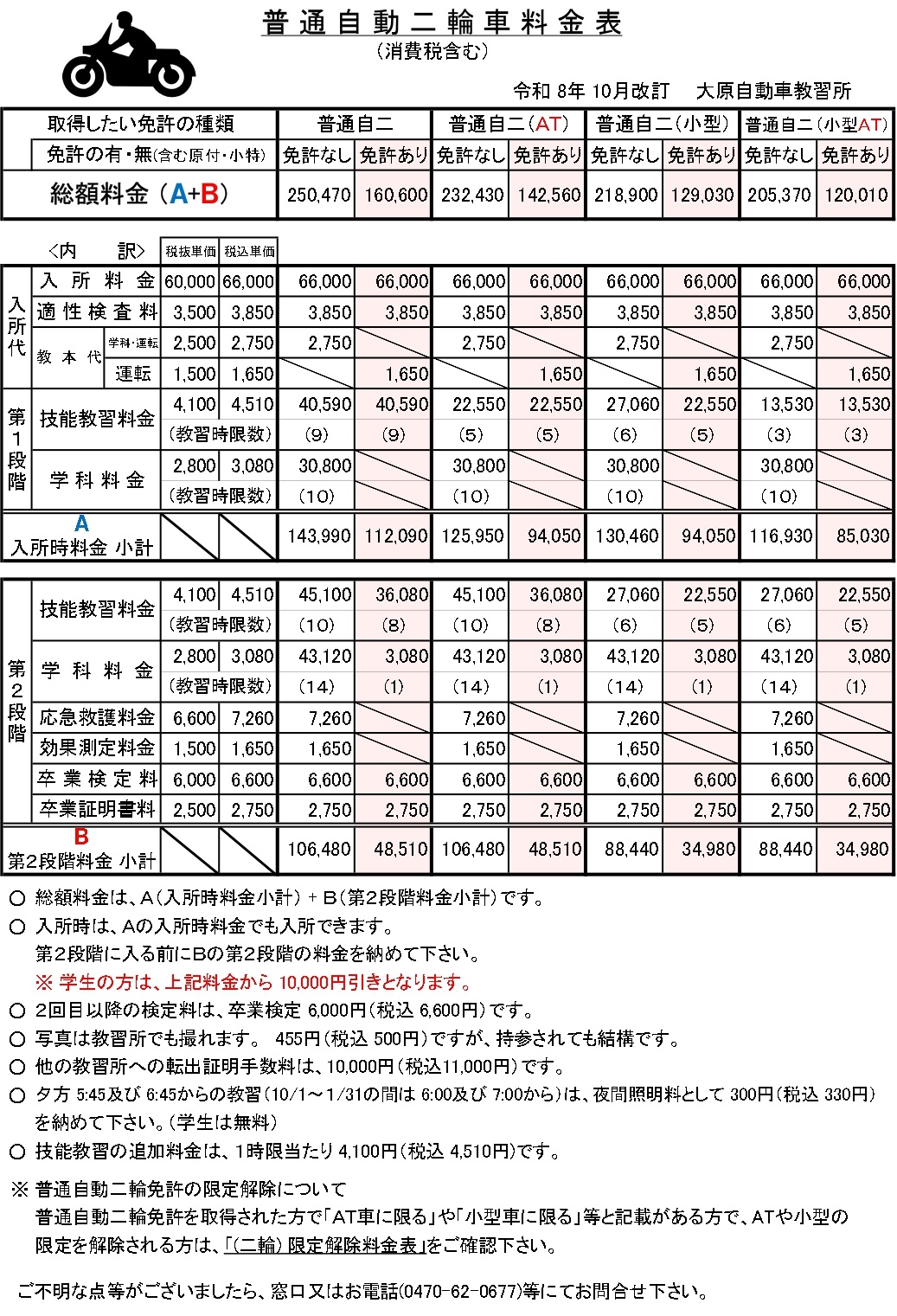 普通自動二輪料金表