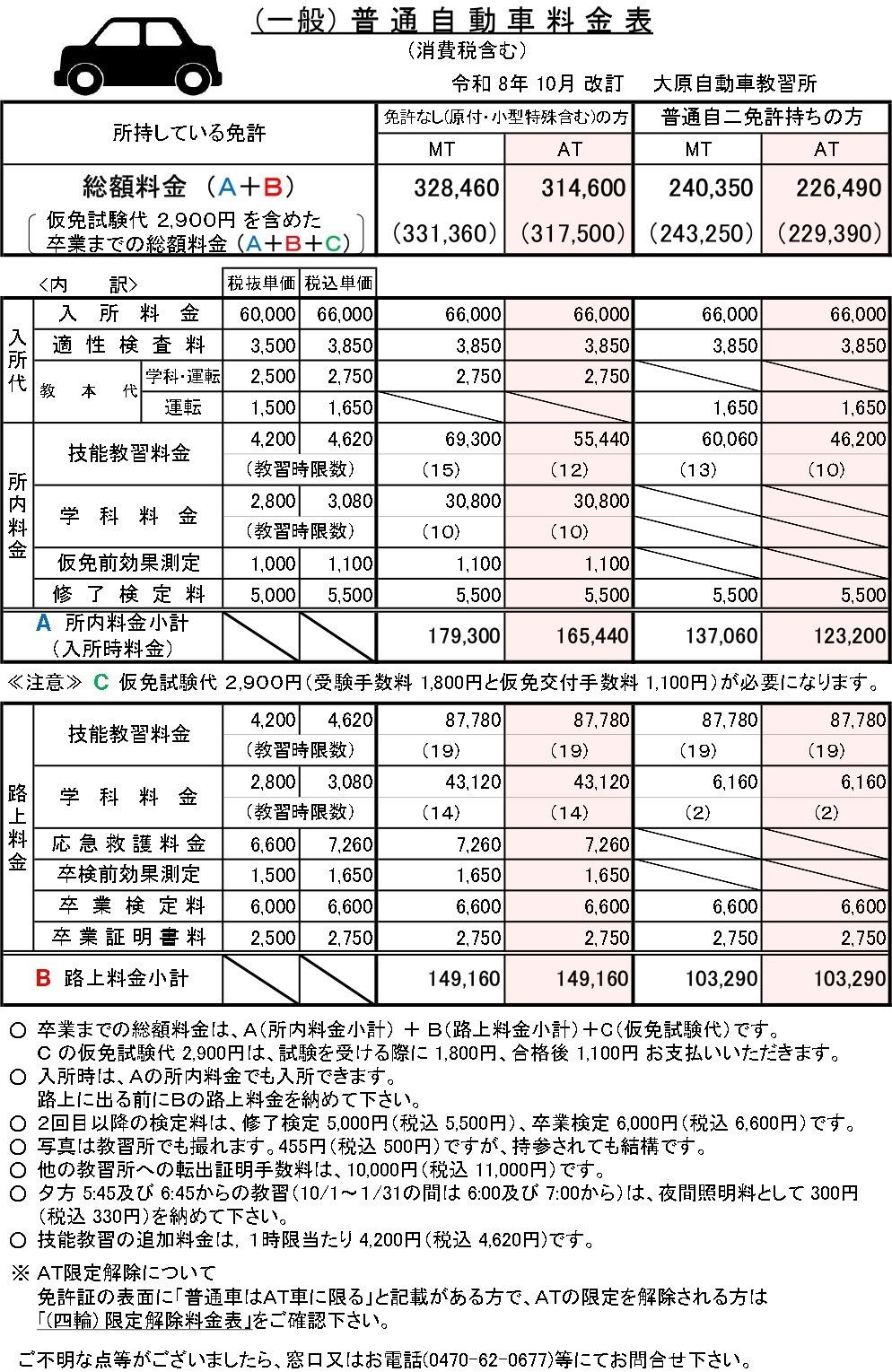 （一般）普通自動車料金表